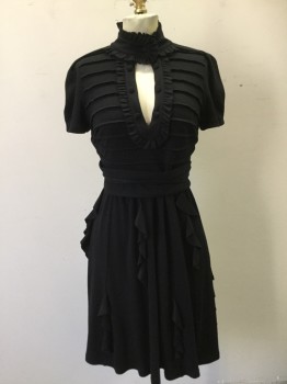 L.A.M.B., Black, Wool, Solid, Horizontal Tuck Pleat Front Top, Gored with Small Ruffles Attached in Seams, V-neck, with Ruffle Trim Placket, Collar Attached Button in Front, with Ruffle Trim, Self Belt Attached in Front and Wrapped Around