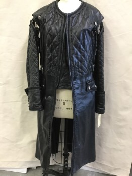 Womens, Sci-Fi/Fantasy Coat/Robe, MTO, Black, Leather, Faux Leather, Diamonds, Solid, 40, Long Coat, Black Diamond Quilt Upper Top, with Detachable Diamond Quilt Long Sleeves, Cuffs with 3 Silver Buttons, Round Neck with Cut Out Zig-zag Trim, Hook Front,  Solid Bottom with 2 Pockets Flap & 3 Silver Matching Buttons, Long Split Center Back