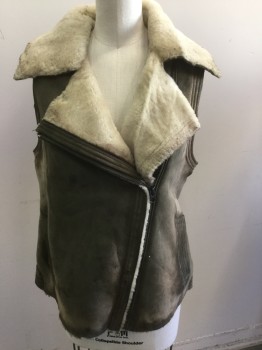 Womens, Leather Vest, VINCE, Olive Green, Brown, Shearling, Solid, S, Notched Lapel, Assymetrical Zip Front, Leather with Cream Shearling Lining, Distressed