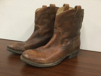 FRYE, Brown, Leather, Solid, Round Toe, Low Boot, Scallopped Top