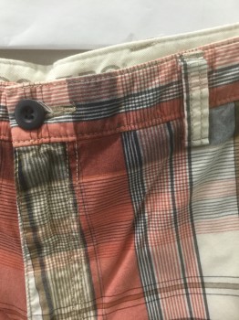 DOCKERS, Peachy Pink, White, Navy Blue, Cotton, Plaid, Cargo Pockets at Sides, 6 Pockets Total,  Zip Fly, Belt Loops, 10.5" Inseam