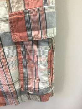 DOCKERS, Peachy Pink, White, Navy Blue, Cotton, Plaid, Cargo Pockets at Sides, 6 Pockets Total,  Zip Fly, Belt Loops, 10.5" Inseam