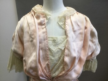 Childrens, Dress 1890s-1910s, MTO, Ballet Pink, Cream, Silk, Solid, Floral, W:22, B:32, UPPER CLASS GIRLS DRESS: Ballet Pink Silk with Delicate Cream Floral Lace, V-neck with Lace Collar, Lace Snap Inset at Chest, Cross Over Wide Satin Waist Band with Pointy Hem and Rose Bud, Double Hanging Sash, Rouching Detail at Shoulders, Short Sleeves with Lace Ruffle, Pleating Detail at Bottom of Skirt, Knot Embroidery Throughout