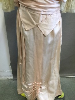 Childrens, Dress 1890s-1910s, MTO, Ballet Pink, Cream, Silk, Solid, Floral, W:22, B:32, UPPER CLASS GIRLS DRESS: Ballet Pink Silk with Delicate Cream Floral Lace, V-neck with Lace Collar, Lace Snap Inset at Chest, Cross Over Wide Satin Waist Band with Pointy Hem and Rose Bud, Double Hanging Sash, Rouching Detail at Shoulders, Short Sleeves with Lace Ruffle, Pleating Detail at Bottom of Skirt, Knot Embroidery Throughout
