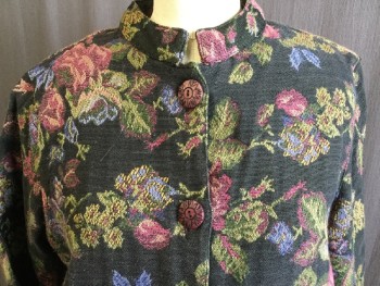 MIRASOL, Black, Pink, Gray, Blue, Goldenrod Yellow, Polyester, Cotton, Floral, Mandarin/Nehru Collar, Large Wooden Pink Button Front, Long Sleeves, 2 Side Pockets, and Side Split