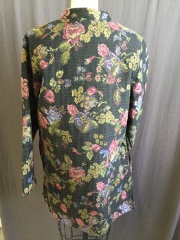 MIRASOL, Black, Pink, Gray, Blue, Goldenrod Yellow, Polyester, Cotton, Floral, Mandarin/Nehru Collar, Large Wooden Pink Button Front, Long Sleeves, 2 Side Pockets, and Side Split