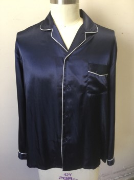 ALEXANDER DEL ROSSA, Navy Blue, White, Polyester, Solid, Navy Satin with White Piping Trim, Long Sleeve Button Front, Rounded  Notch Lapel, 1 Patch Pocket at Chest
