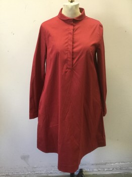 COS, Red, Cotton, Nylon, Solid, Long Sleeve Shirt Dress, 5 Buttons at Center Front Neck, Rounded Collar, Oversized Boxy Fit, Knee Length