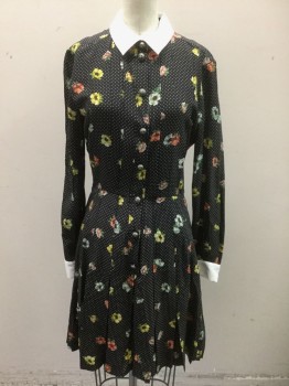 THE KOOPLES, Black, White, Red-Orange, Yellow, Green, Silk, Dots, Floral, Black with White Dots, Yellow, Red-Orange and White Flowers with Green Leaves Pattern, Long Sleeves, Solid White Collar and Cuffs, Silver Metal Embossed Buttons at Front, Vertical Pleats Across Bust, Pleated Skirt, Above Knee Length