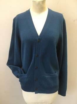 UNIQLO, Blue, Wool, Solid, Dark Robins Egg Blue. Wool Knit Button Front, V.neck, Long Sleeves, 2 Pockets, Multiple