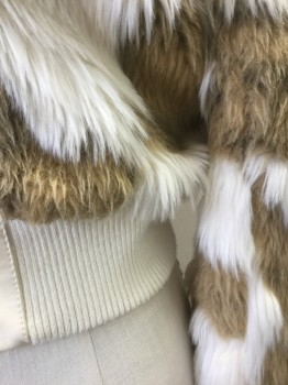 I LOVE H81, Caramel Brown, White, Brown, Faux Fur, Polyester, Abstract , Caramel and White Furry/Faux Fur Material, Zip Front, Collar Attached, Solid Off White Rib Knit Waistband and Cuffs, Off White Satin Lining