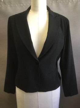 JONES NY, Black, Polyester, Stripes, Black with a Self Embossed Static Stripe, White Pinstripes, One Button Front, Slit Pockets, Peaked Lapel,