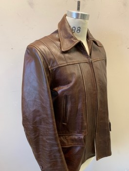 Mens, Leather Jacket, N/L MTO, Brown, Leather, Solid, 38, Zip Front, Collar Attached, Yoke at Shoulders with Vertical Seams, 4 Pockets, Belt Panel at Back Waist, Lightly Aged Throughout, Made To Order