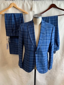 TOPMAN, Royal Blue, Gray, Black, Polyester, Viscose, Glen Plaid, Single Breasted, C.A., Peaked Lapel, 3 Pockets, 1 Button