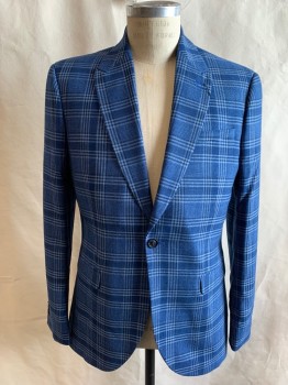 TOPMAN, Royal Blue, Gray, Black, Polyester, Viscose, Glen Plaid, Single Breasted, C.A., Peaked Lapel, 3 Pockets, 1 Button