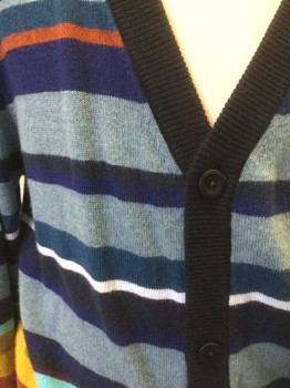Childrens, Cardigan Sweater, PAUL SMITH, Multi-color, Lt Blue, Blue, Mustard Yellow, Red, Cotton, Stripes - Horizontal , 12, Boys, Assorted Colors (Navy/Light Blue/Red/Purple/Mustard/White/Etc) Horizontal Stripes of Varying Widths, Knit, Long Sleeves, Solid Navy at V-neck and Button Placket, 5 Buttons