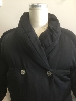 Womens, Coat, NILS SKIWEAR, Black, Nylon, Polyester, Solid, 10, Long Puffer Coat, Double Breasted, with Silver Embossed Buttons, Shawl Puffy Lapel, Raglan Sleeves, 2 Zip Pockets at Hips and Zip Pockets on Each Sleeve,