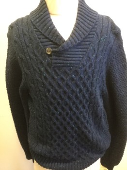 LOGG, Navy Blue, Blue, Green, Cotton, Cable Knit, Speckled, Speckled Navy with Blue & Green, Cable Knit, Long Sleeves, Pull Over. 1 Button Ribbed Collar