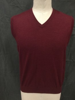 LEO CHEVALIER, Brick Red, Wool, Solid, Pullover, V-neck, Ribbed Knit Neck/Armholes/Waistband