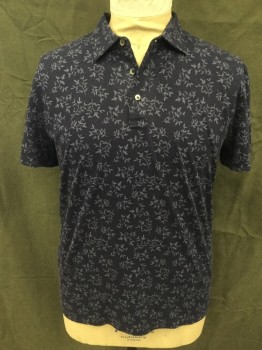 BLOOMINGDALE'S, Navy Blue, Lt Blue, Cotton, Leaves/Vines , Navy with Light Blue Leaf Pattern, 3 Button Placket, Collar Attached, Short Sleeves