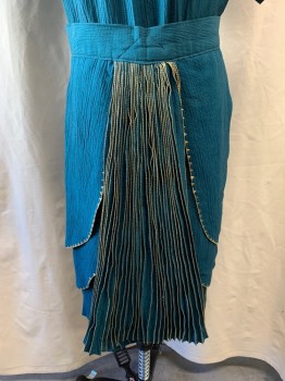 Mens, Historical Fiction Piece 6, MTO, Teal Blue, Cotton, W:32, Skirt, Gold Trim, Pleated Front Piece at Center, Ruffled Layers, Velcro Back & Snap Back