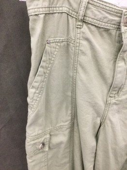 Womens, Capri Pants, ANTHROPOLOGIE, Lt Olive Grn, Cotton, Solid, W 32, 10, 2 Center Leg Seams, 4 Patch Pockets, 1 Cargo Pocket, Darted at Cuff