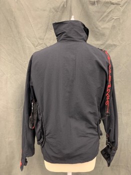 Mens, Jacket, TOKYO 1, Black, Synthetic, Solid, L, Pullover Ripstop Windbreaker, 2 Round Side Pockets with Zippers, High Collar with Zip Opening on Left Shoulder, 1/2 Extended Cuff with Finger Loops, Red Embroidery on Cuff, Black Webbing Shoulder Strap with Red Embroidery