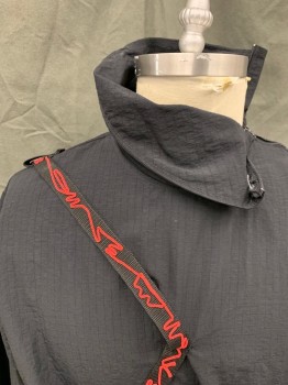 Mens, Jacket, TOKYO 1, Black, Synthetic, Solid, L, Pullover Ripstop Windbreaker, 2 Round Side Pockets with Zippers, High Collar with Zip Opening on Left Shoulder, 1/2 Extended Cuff with Finger Loops, Red Embroidery on Cuff, Black Webbing Shoulder Strap with Red Embroidery