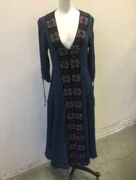 FREE PEOPLE, Navy Blue, Black, Gray, Red Burgundy, Purple, Rayon, Solid, Geometric, Gauze, Panel at Center Front with Gray. Burgundy & Purple Geometric Textured Appliques, 3/4 Sleeves with Drawstring Ruching at Ends, V-neck, Self Fabric Buttons at Front, Midi Length ***Barcode on Back of Pocket