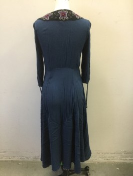 FREE PEOPLE, Navy Blue, Black, Gray, Red Burgundy, Purple, Rayon, Solid, Geometric, Gauze, Panel at Center Front with Gray. Burgundy & Purple Geometric Textured Appliques, 3/4 Sleeves with Drawstring Ruching at Ends, V-neck, Self Fabric Buttons at Front, Midi Length ***Barcode on Back of Pocket