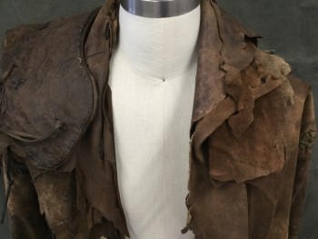 Mens, Coat, MTO, Brown, Black, Lt Brown, Leather, Mottled, C46, 70" Long From Nape to Hem, Rustic Wizard, Sabertooth, Rough hewn Lurker or Woodsman, Added Elbow Pad and Shoulder Piece Right Arm,