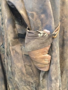 Mens, Coat, MTO, Brown, Black, Lt Brown, Leather, Mottled, C46, 70" Long From Nape to Hem, Rustic Wizard, Sabertooth, Rough hewn Lurker or Woodsman, Added Elbow Pad and Shoulder Piece Right Arm,