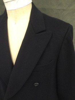 N/L, Navy Blue, Wool, Solid, Double Breasted, Collar Attached, Peaked Lapel, 3 Pockets, Long Sleeves