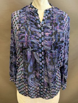 Womens, Blouse, JONES NEW YORK, Purple, Black, Blue, White, Polyester, Paisley/Swirls, XL, Sheer Chiffon, Long Sleeves, Button Front, Band Collar, V-neck, Vertical and Horizontal Pleats at Chest