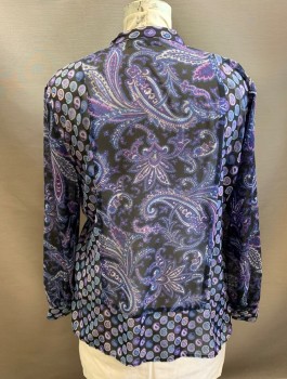 Womens, Blouse, JONES NEW YORK, Purple, Black, Blue, White, Polyester, Paisley/Swirls, XL, Sheer Chiffon, Long Sleeves, Button Front, Band Collar, V-neck, Vertical and Horizontal Pleats at Chest