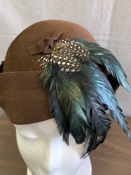 Womens, Hat, Broadway New York, Brown, Wool, Feathers, Solid, Size23, M, Cloch Style Felt with Double Layer Upturned Brim Detail , Small Matching Felt Knot with Small Blk and Wht Speckled Pheasant ,and a Downward Spray of Iridescent  Green Coque Feathers .