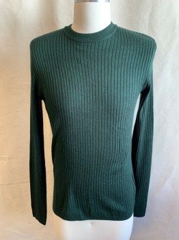 Mens, Pullover Sweater, TOPMAN, Dk Green, Black, Acrylic, 2 Color Weave, M, Ribbed Knit, Crew Neck, Long Sleeves