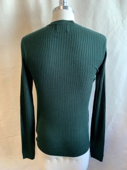 Mens, Pullover Sweater, TOPMAN, Dk Green, Black, Acrylic, 2 Color Weave, M, Ribbed Knit, Crew Neck, Long Sleeves