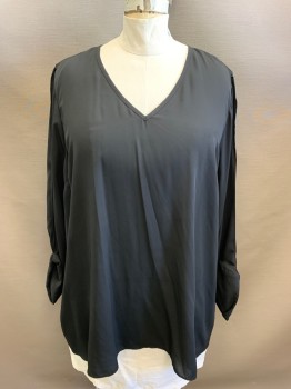 Womens, Blouse, CITY CHIC, Black, Polyester, Solid, 24, XXL, V-neck, Long Sleeves, Long in the Back, Button Detail Up Center Back,