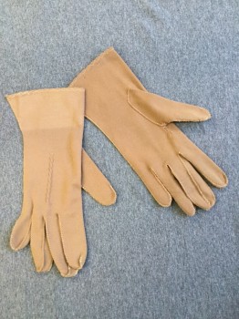 Womens, Gloves 1890s-1910s, NL, Lt Brown, Poly/Cotton, Solid, Light Brown Knit Gloves, Wrist Length, Novelty Zig Zag Tuck Pleat at Top of Hand. Some Repair at Thumb Area,