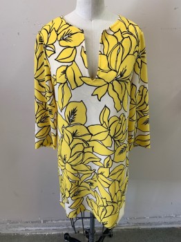 KAREN KANE, Yellow, Ivory White, Black, Polyester, Nylon, Floral, 3/4 Sleeves, Tunic style, Above Knee, Round with V Cutout Neckline, **Shoulder Stains