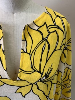 KAREN KANE, Yellow, Ivory White, Black, Polyester, Nylon, Floral, 3/4 Sleeves, Tunic style, Above Knee, Round with V Cutout Neckline, **Shoulder Stains