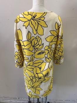 Womens, Dress, Long & 3/4 Sleeve, KAREN KANE, Yellow, Ivory White, Black, Polyester, Nylon, Floral, XXS, 3/4 Sleeves, Tunic style, Above Knee, Round with V Cutout Neckline, **Shoulder Stains