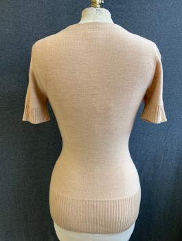 TRACY REESE, Beige, Wool, Metallic/Metal, Solid, Knit, Short Sleeves, Plunging V-neck with Gold Chain, Gold Metal Brooch Shaped Like Bow with Silver Rhinestones, Fitted