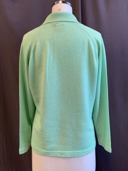 Womens, Sweater, Talbots Traveler, Mint Green, Lavender Purple, Green, Jacquard, Floral, 40, Heavy Crepe Knit ,flat Bottum, Channel Texture Collar , Plastic Half Dome Shank Buttons with Silkscreen Floral Motif, with Lavender Flowers  Top Thread Button Loop Busted