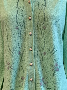 Womens, Sweater, Talbots Traveler, Mint Green, Lavender Purple, Green, Jacquard, Floral, 40, Heavy Crepe Knit ,flat Bottum, Channel Texture Collar , Plastic Half Dome Shank Buttons with Silkscreen Floral Motif, with Lavender Flowers  Top Thread Button Loop Busted