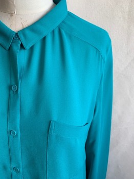 TROUVE, Teal Green, Polyester, Solid, Sheer Chiffon, Button Front, CA, 1 Pocket, L/S, Button Cuff