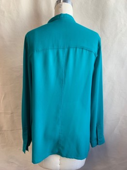 TROUVE, Teal Green, Polyester, Solid, Sheer Chiffon, Button Front, CA, 1 Pocket, L/S, Button Cuff