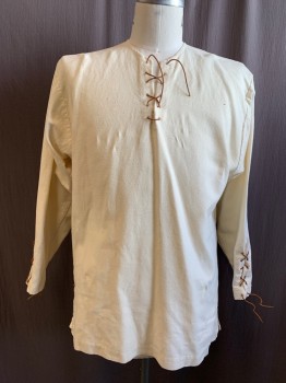 Mens, Historical Fiction Shirt, MTO, Cream, Cotton, Linen, Solid, 42, V-neck, Holes for Lace Up, Brown Leather Laces, Long Sleeves, Side Seam Sleeve Slits with Brown Leather Lace Up, Side Seam Hem Slits, Could Be Worn Medieval, Renaissance or 1700's