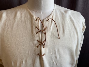Mens, Historical Fiction Shirt, MTO, Cream, Cotton, Linen, Solid, 42, V-neck, Holes for Lace Up, Brown Leather Laces, Long Sleeves, Side Seam Sleeve Slits with Brown Leather Lace Up, Side Seam Hem Slits, Could Be Worn Medieval, Renaissance or 1700's